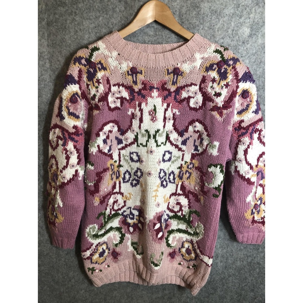 Vintage‎ Hunters Run Sweater Womens Medium Pink Floral Hand Knit Ramie Cotton